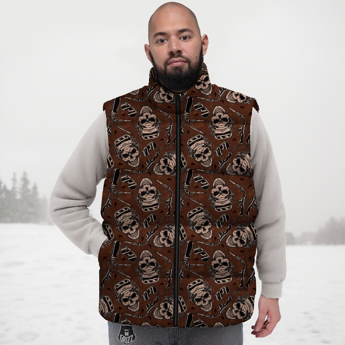 Welder Skull Print Pattern Down Vest-grizzshop