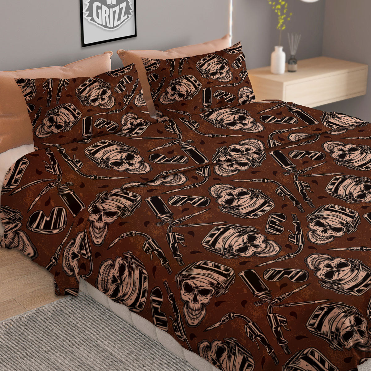 Welder Skull Print Pattern Duvet Cover Bedding Set