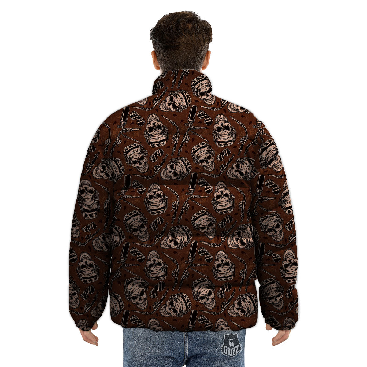Welder Skull Print Pattern Puffer Jacket-grizzshop