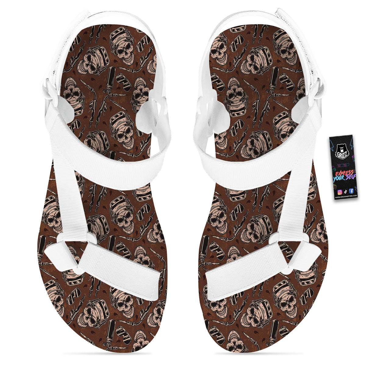 Welder Skull Print Pattern White Open Toe Sandals-grizzshop