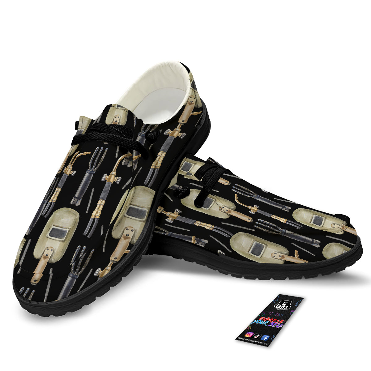 Welder Watercolor Print Pattern Black Loafers-grizzshop