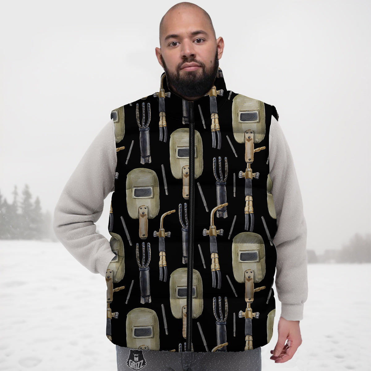 Welder Watercolor Print Pattern Down Vest-grizzshop
