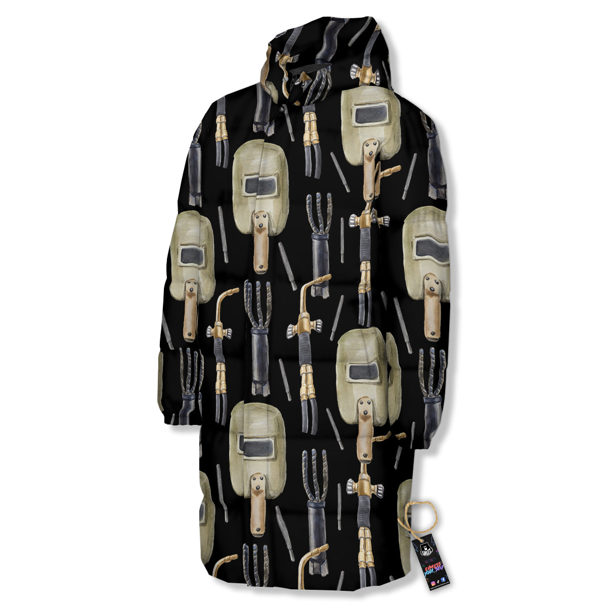 Welder Watercolor Print Pattern Long Down Jacket-grizzshop