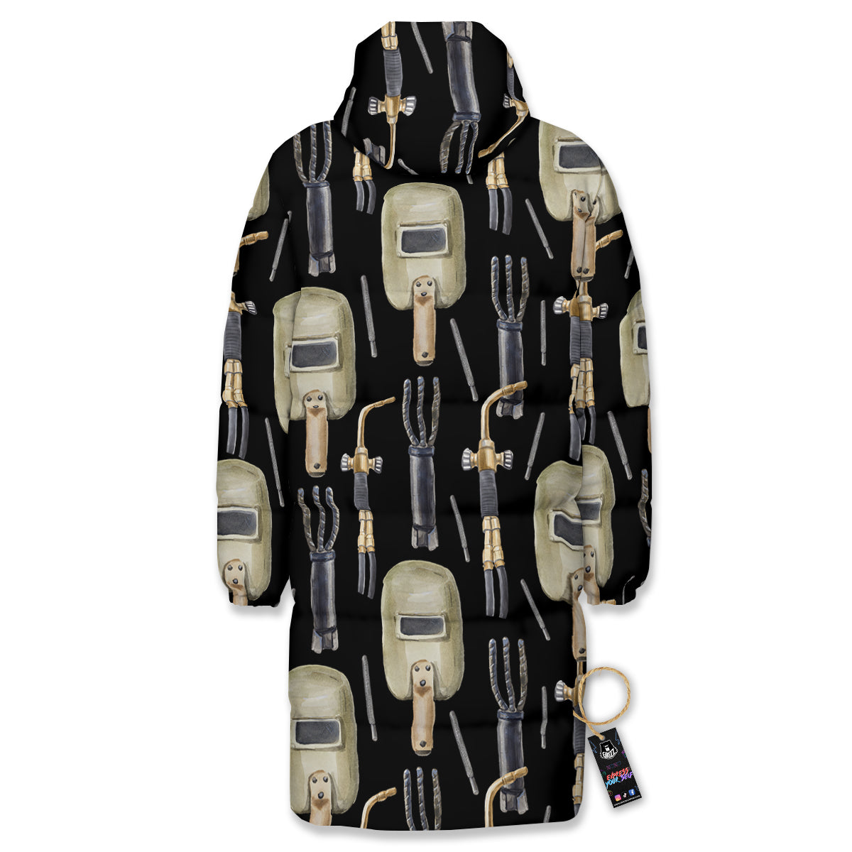Welder Watercolor Print Pattern Long Down Jacket-grizzshop