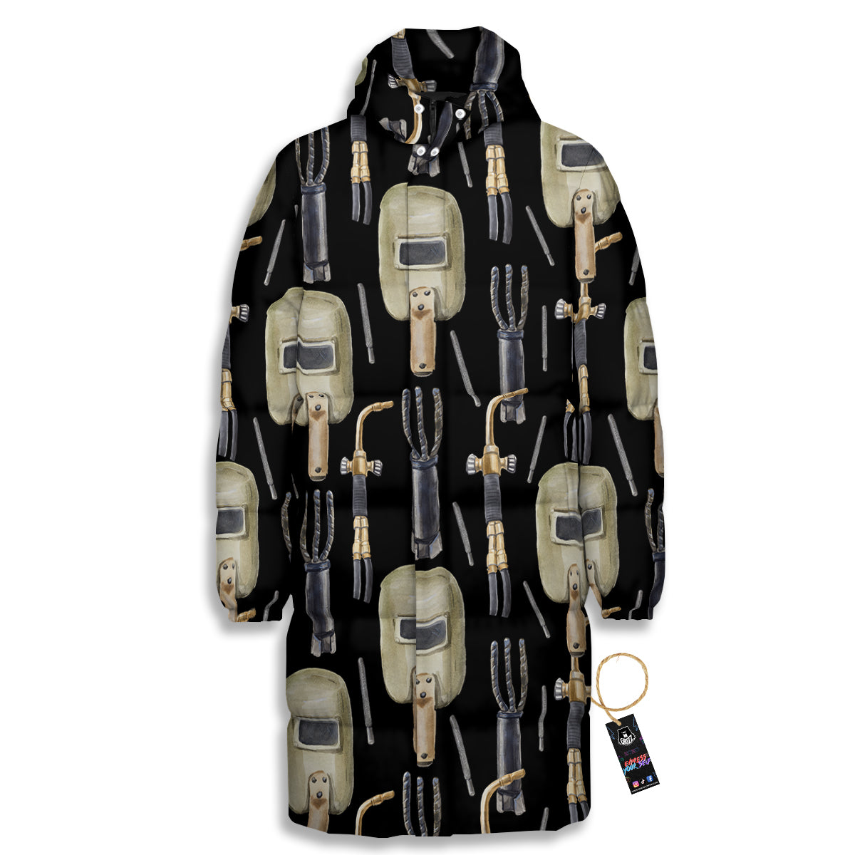 Welder Watercolor Print Pattern Long Down Jacket-grizzshop