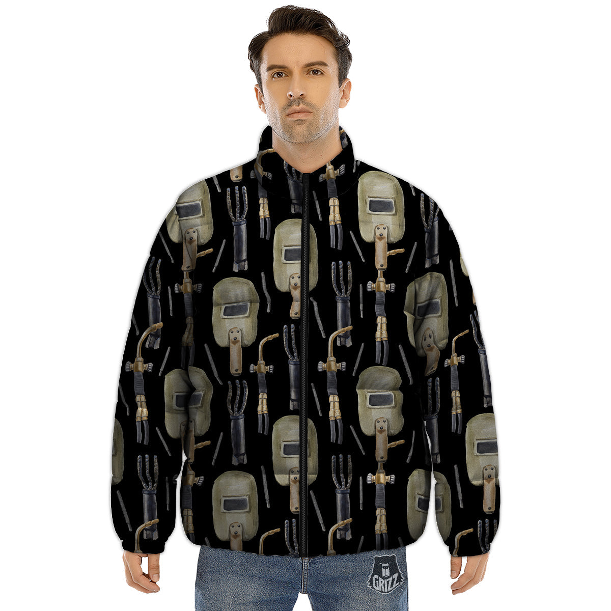 Welder Watercolor Print Pattern Puffer Jacket-grizzshop