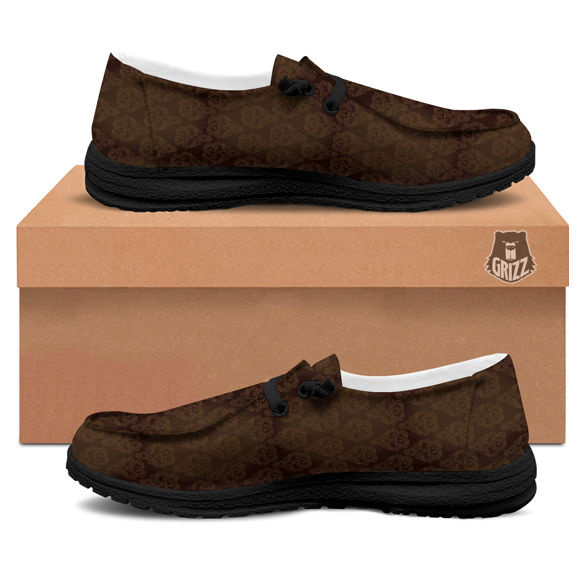 Western Damask Dark Brown Print Black Loafers-grizzshop