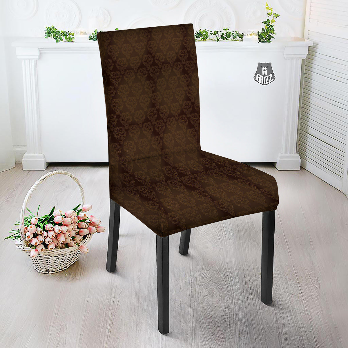 Western Damask Dark Brown Print Dining Chair Slipcover-grizzshop