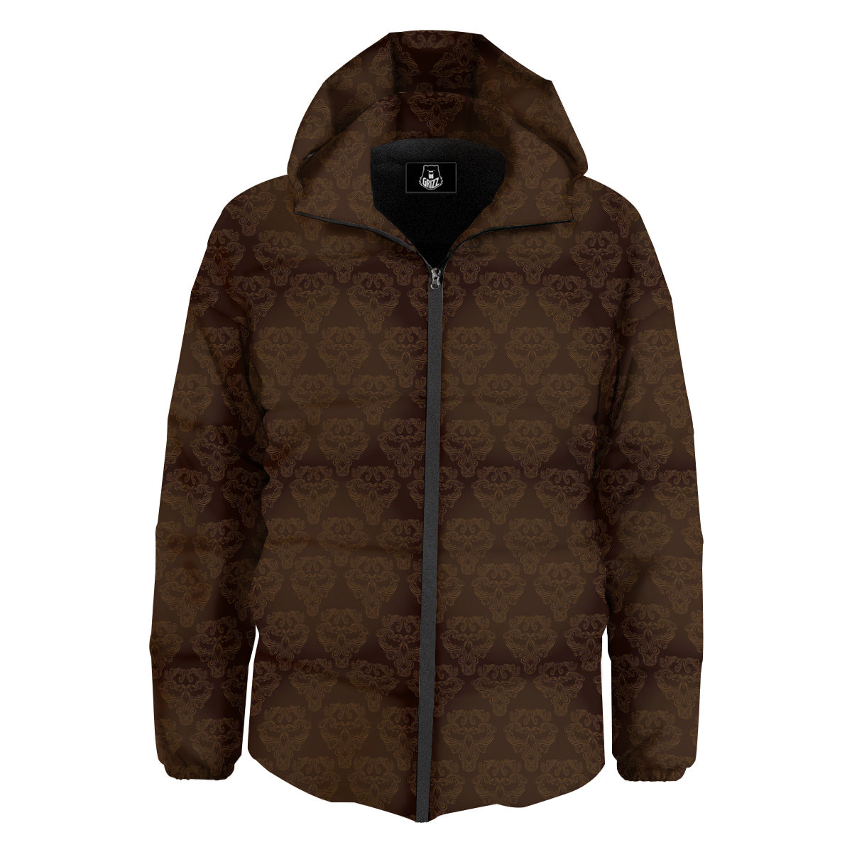 Western Damask Dark Brown Print Down Jacket-grizzshop