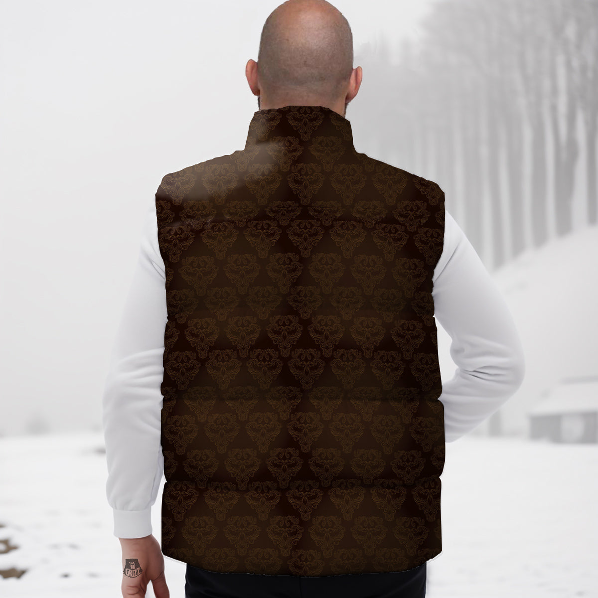 Western Damask Dark Brown Print Down Vest