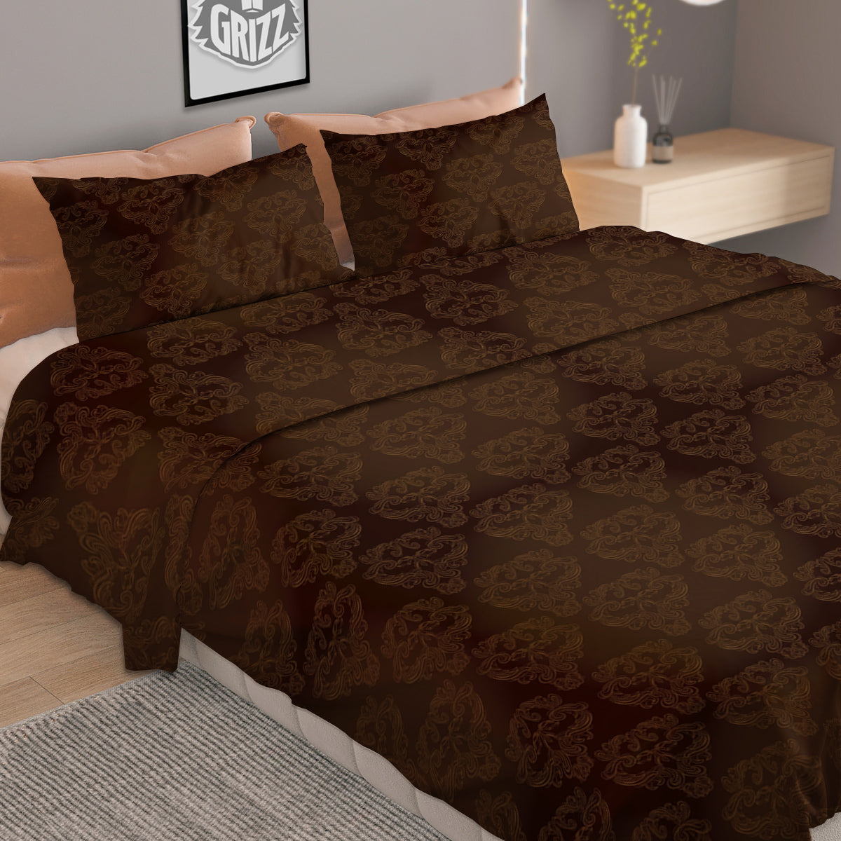 Western Damask Dark Brown Print Duvet Cover Bedding Set