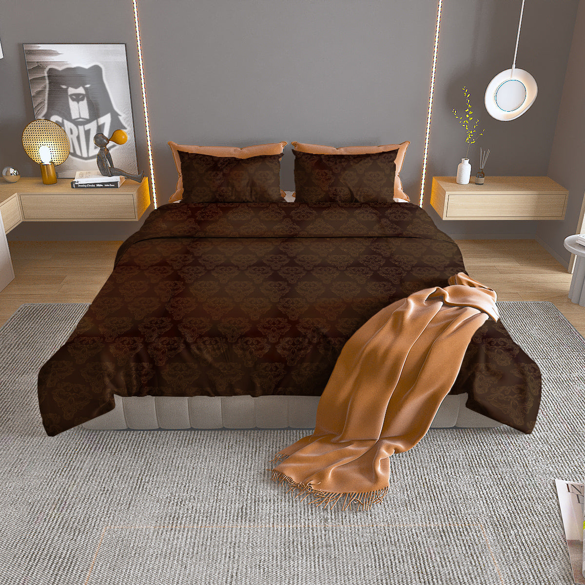 Western Damask Dark Brown Print Duvet Cover Bedding Set