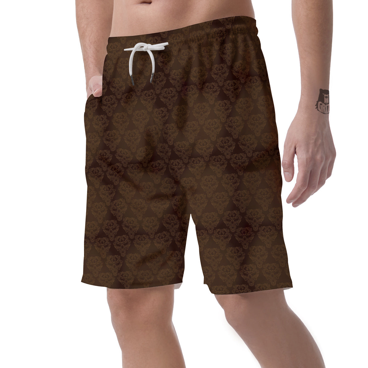 Western Damask Dark Brown Print Men's Shorts-grizzshop