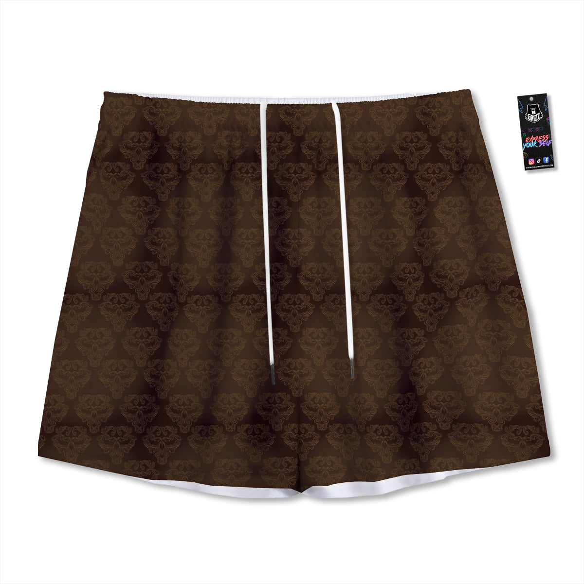 Western Damask Dark Brown Print Mesh Shorts