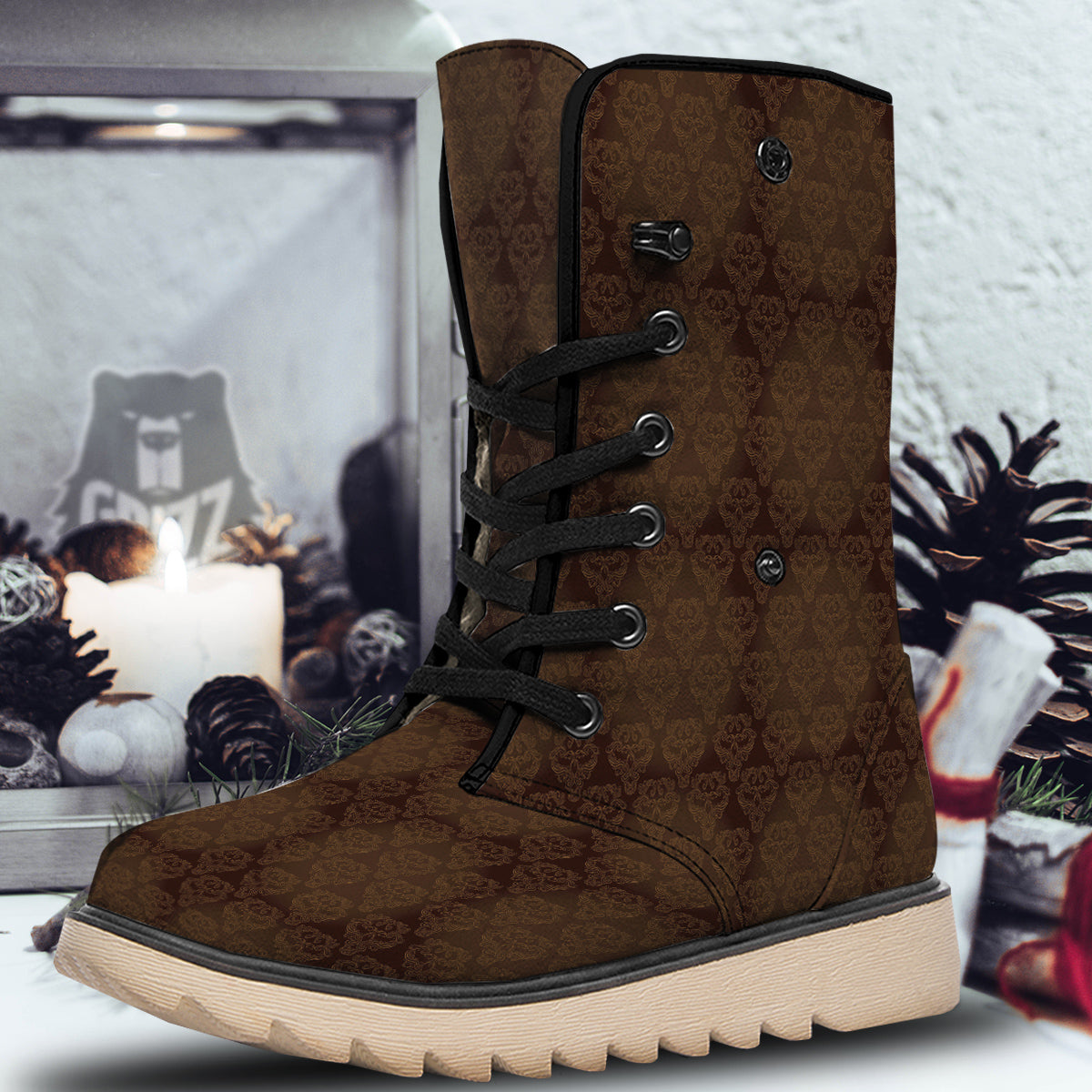 Western Damask Dark Brown Print Snow Boots-grizzshop