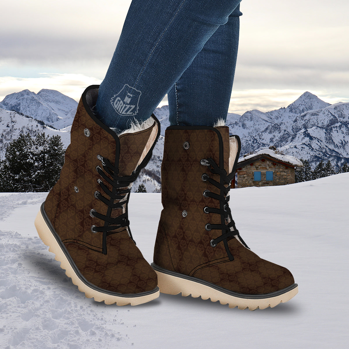 Western Damask Dark Brown Print Snow Boots-grizzshop