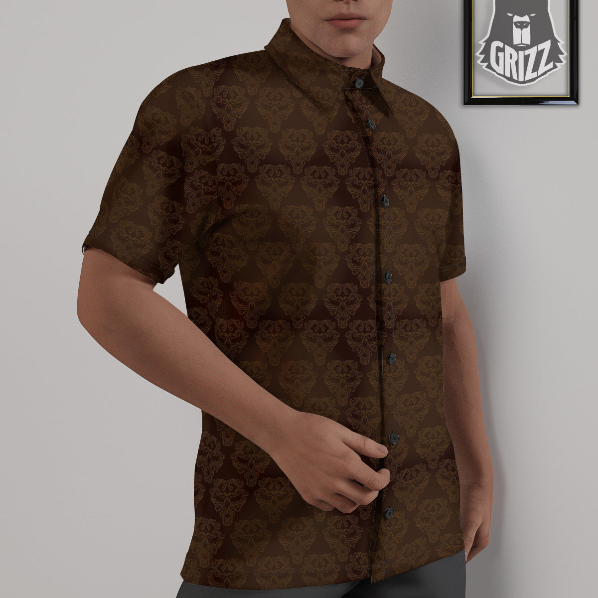 Western Damask Dark Brown Print Untucked Shirts-grizzshop