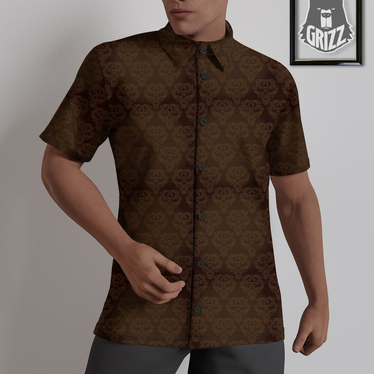 Western Damask Dark Brown Print Untucked Shirts-grizzshop