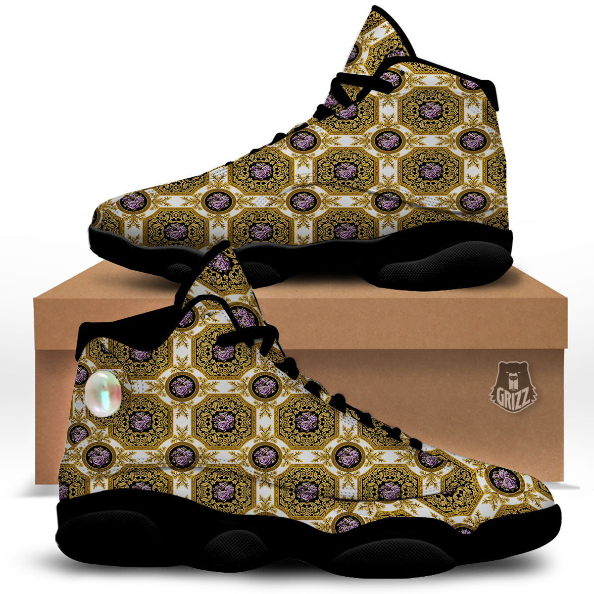 Western Damask Ornamental Print Black Basketball Shoes-grizzshop