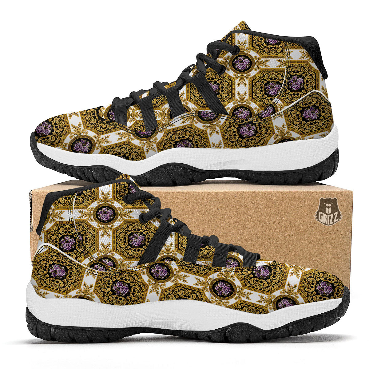Western Damask Ornamental Print Black Bball Shoes-grizzshop
