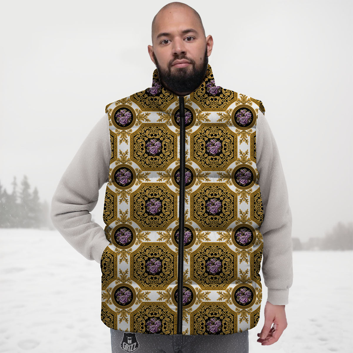 Western Damask Ornamental Print Down Vest
