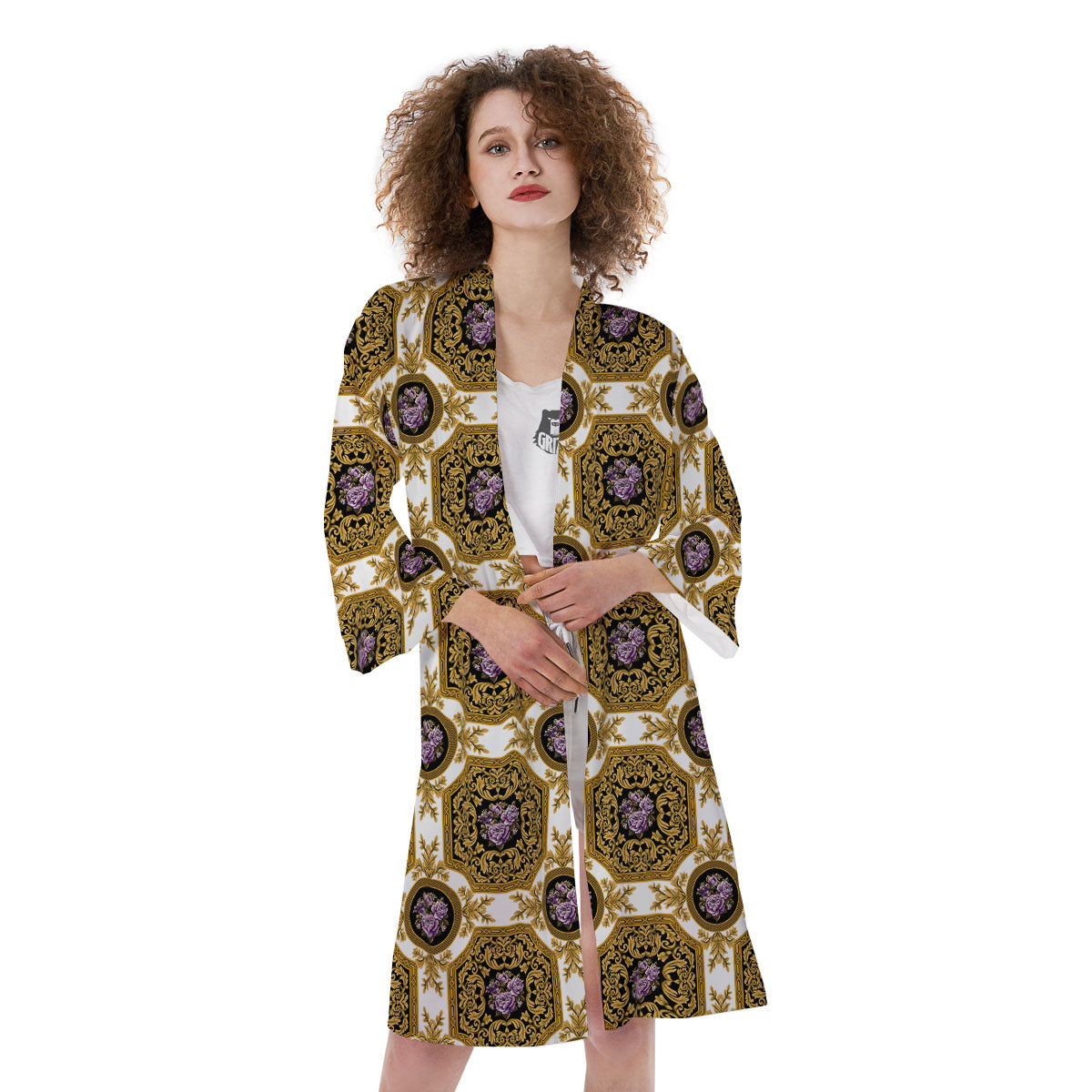 Western Damask Ornamental Print Kimono-grizzshop