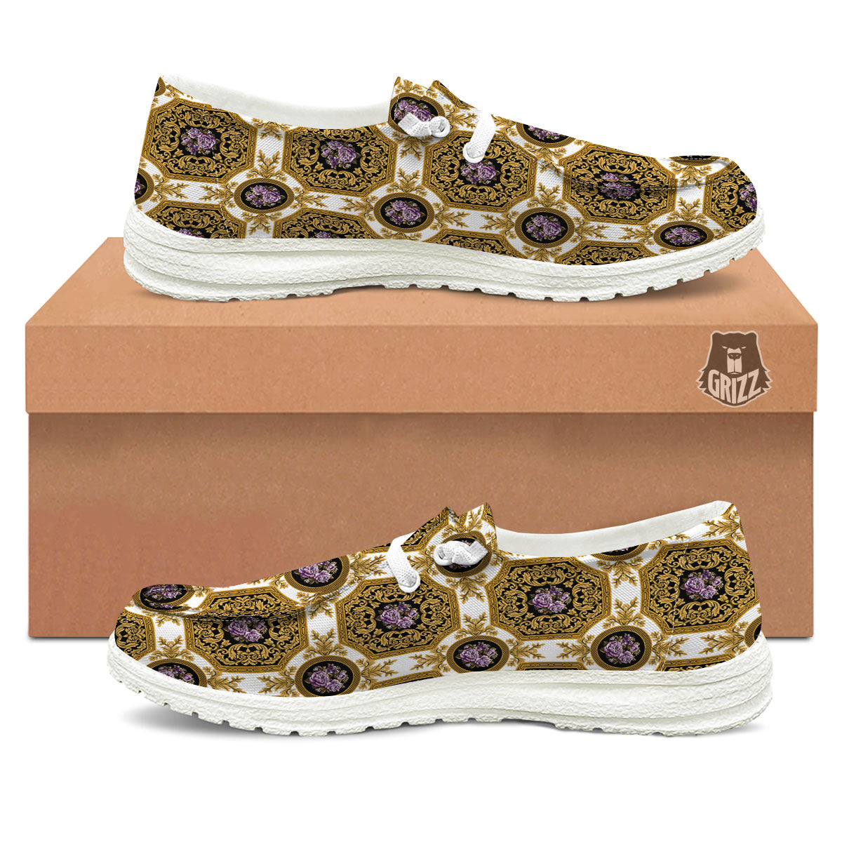 Western Damask Ornamental Print White Loafers-grizzshop