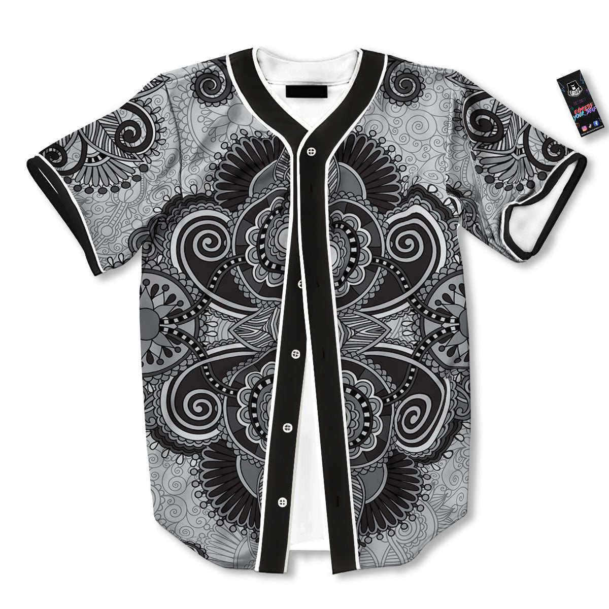 Western Floral Grey And Black Print Baseball Jersey-grizzshop