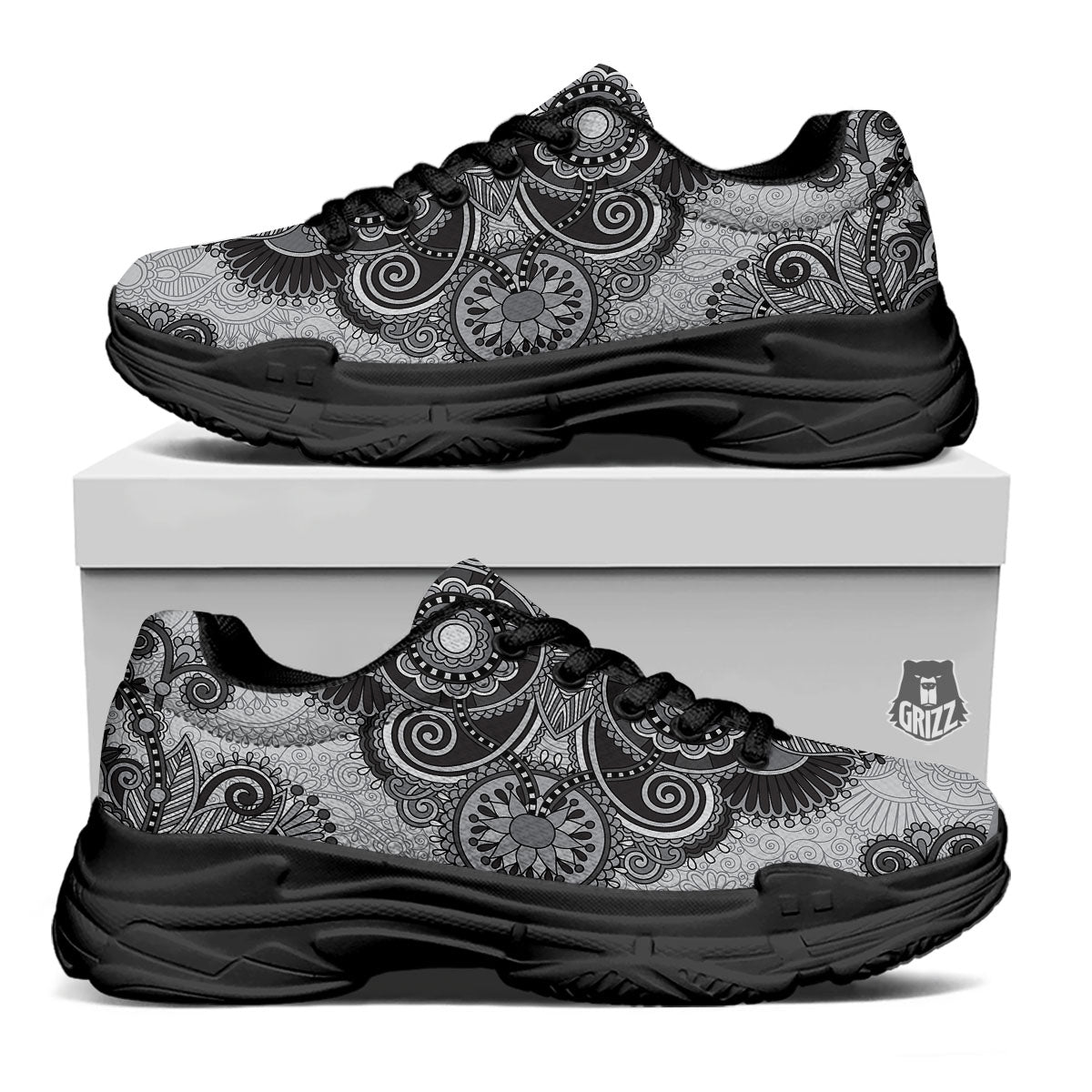 Western Floral Grey And Black Print Black Chunky Shoes-grizzshop