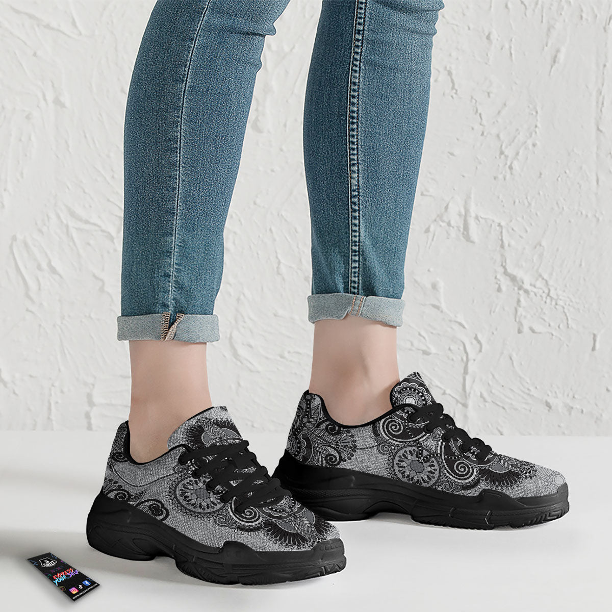 Western Floral Grey And Black Print Black Chunky Shoes-grizzshop