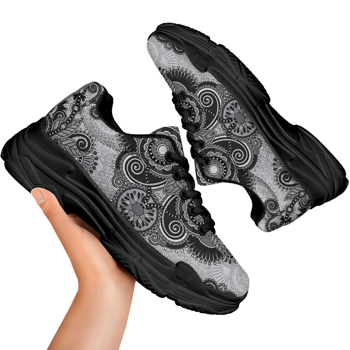 Western Floral Grey And Black Print Black Chunky Shoes-grizzshop