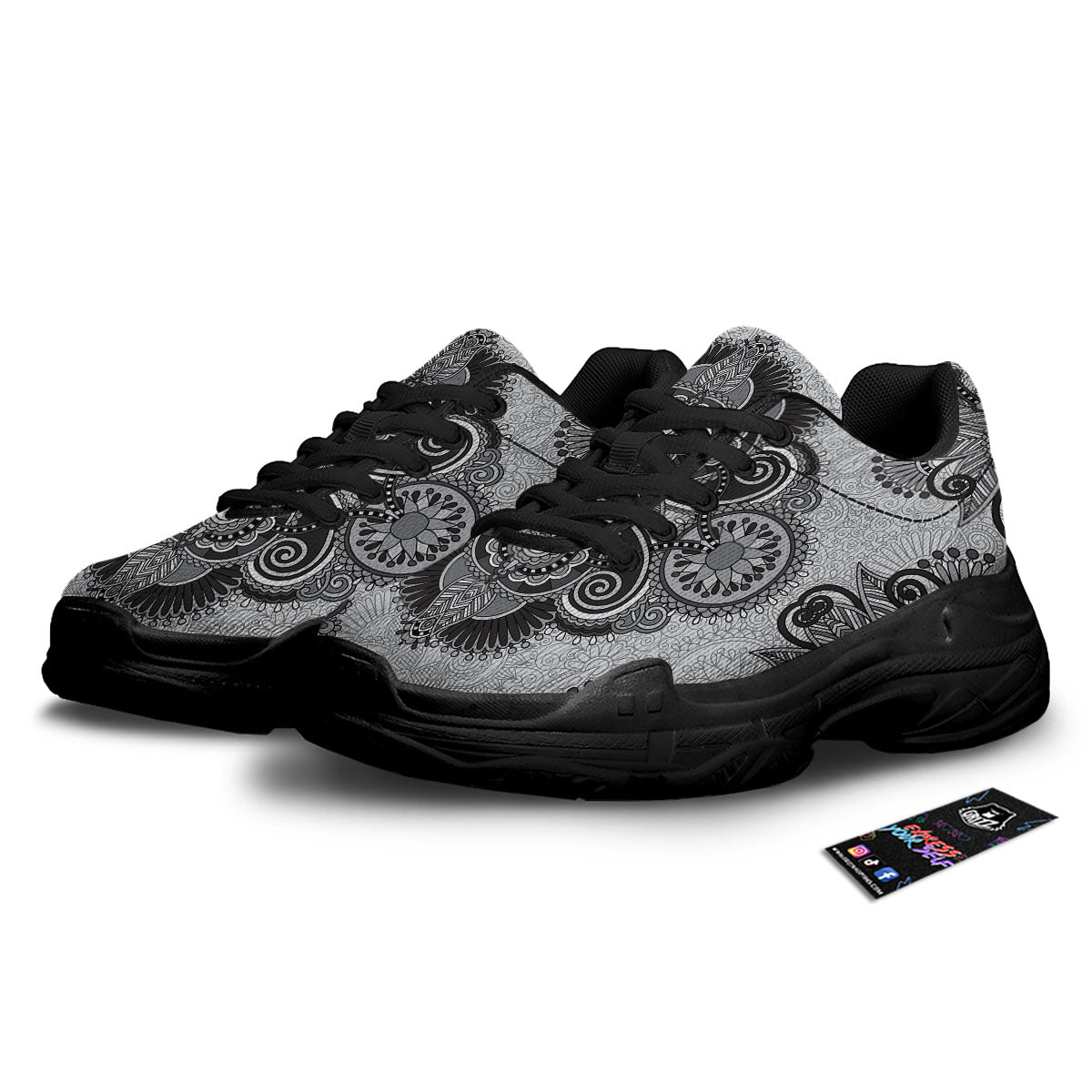 Western Floral Grey And Black Print Black Chunky Shoes-grizzshop