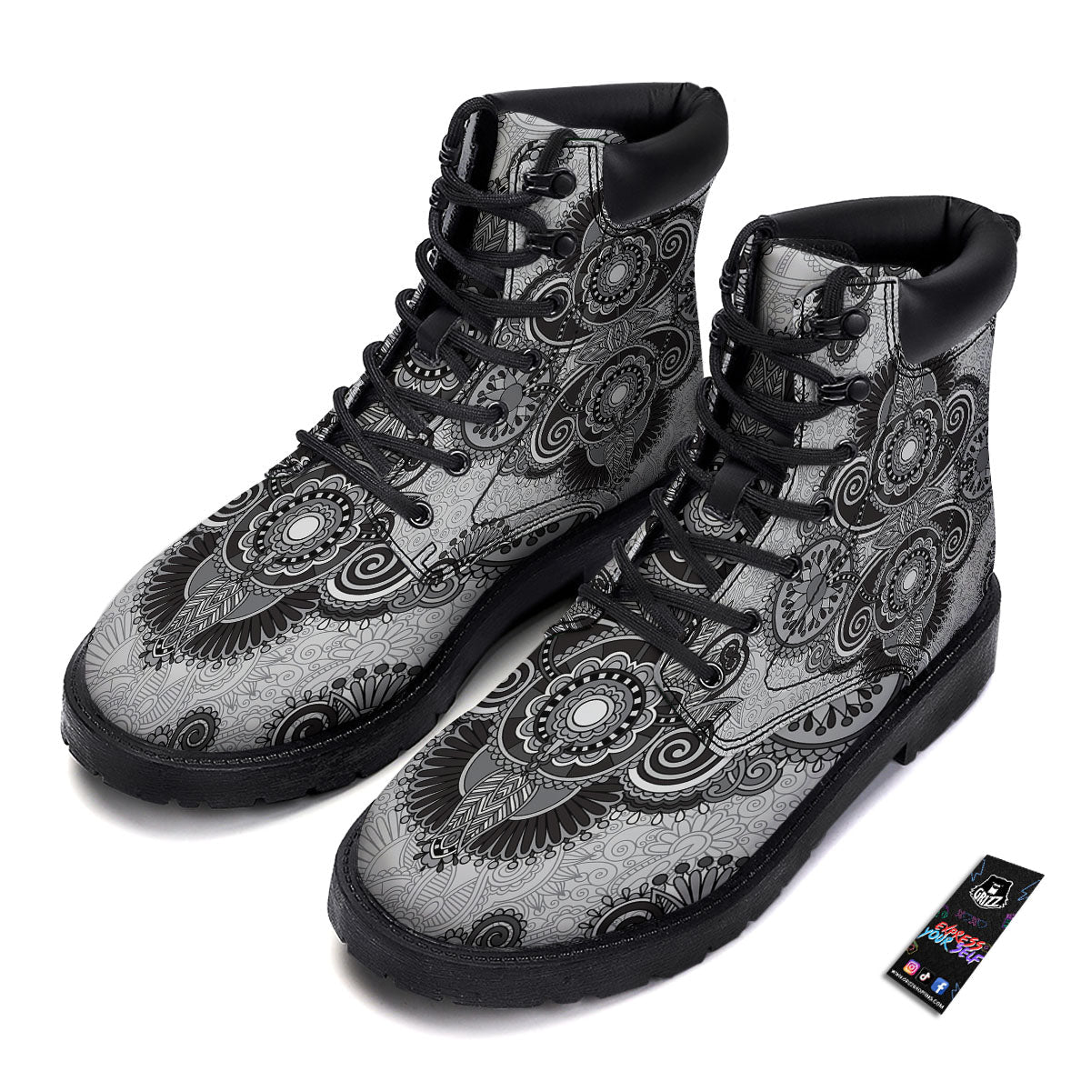 Western Floral Grey And Black Print Boots-grizzshop