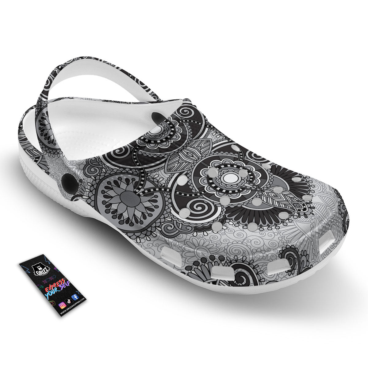 Western Floral Grey And Black Print Clog-grizzshop