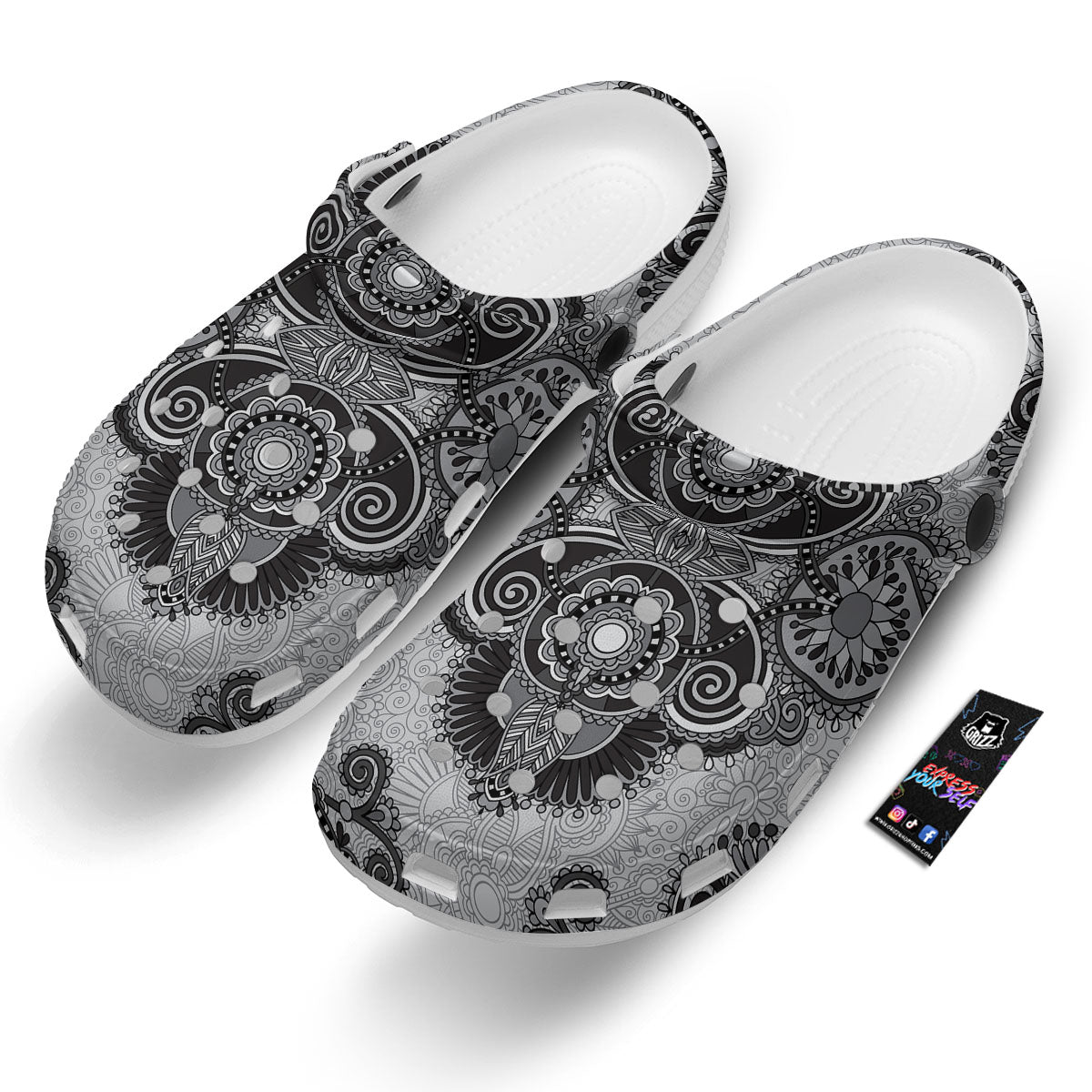 Western Floral Grey And Black Print Clog-grizzshop