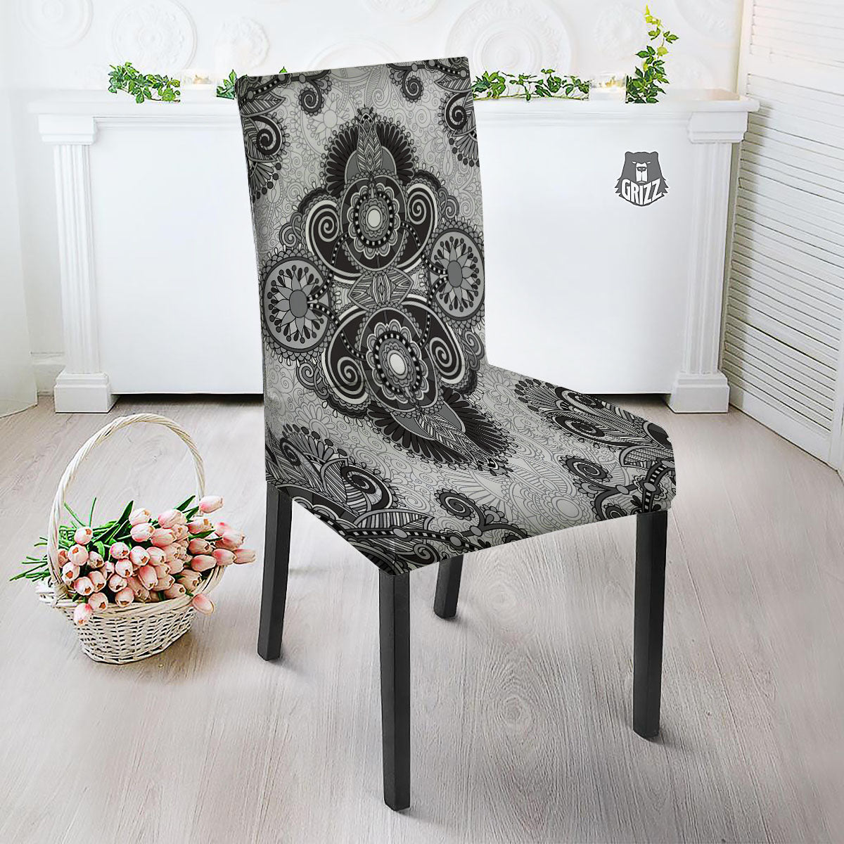 Western Floral Grey And Black Print Dining Chair Slipcover-grizzshop