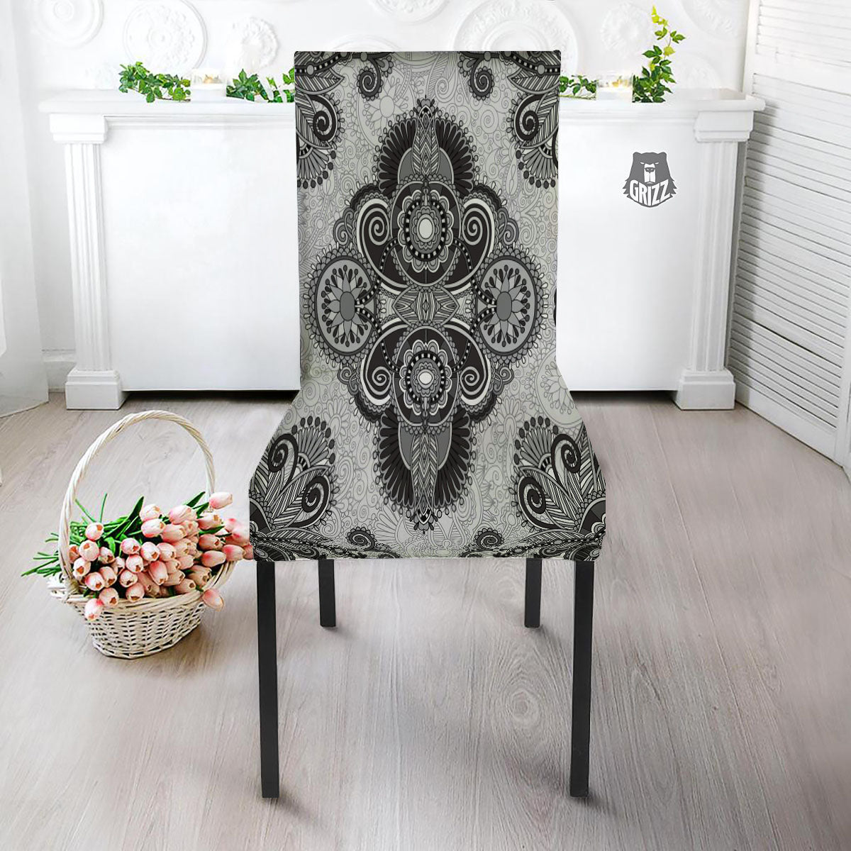 Western Floral Grey And Black Print Dining Chair Slipcover-grizzshop