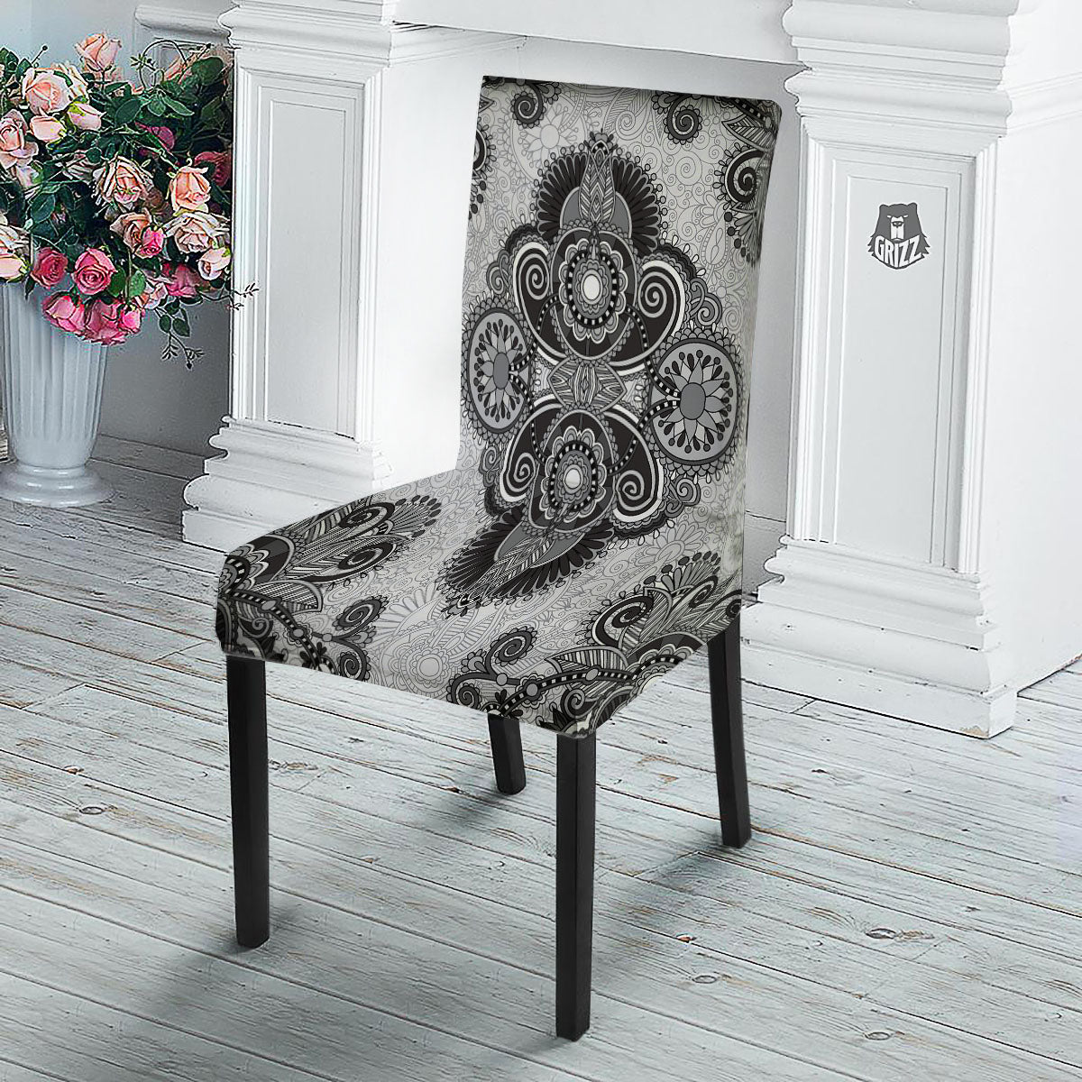 Western Floral Grey And Black Print Dining Chair Slipcover-grizzshop