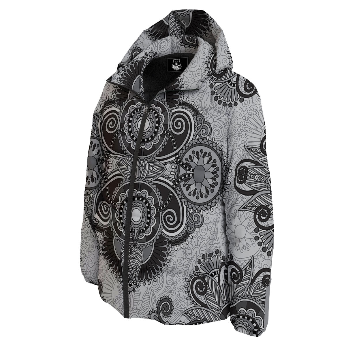 Western Floral Grey And Black Print Down Jacket-grizzshop