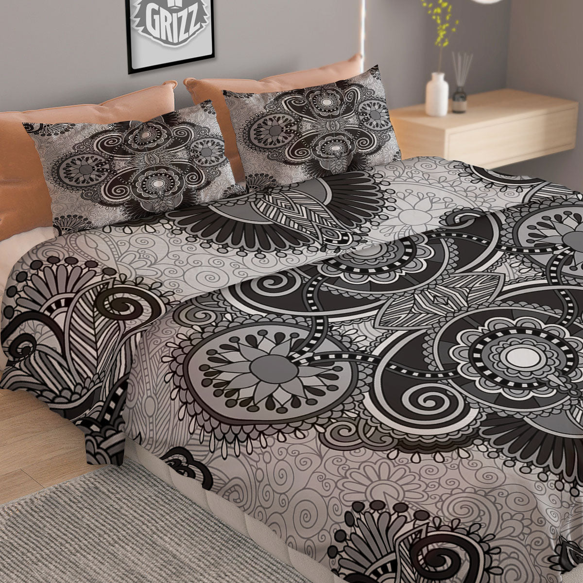 Western Floral Grey And Black Print Duvet Cover Bedding Set