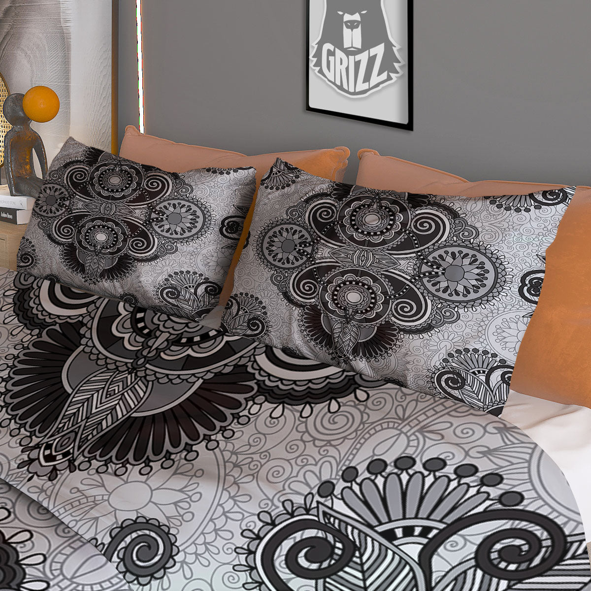 Western Floral Grey And Black Print Duvet Cover Bedding Set