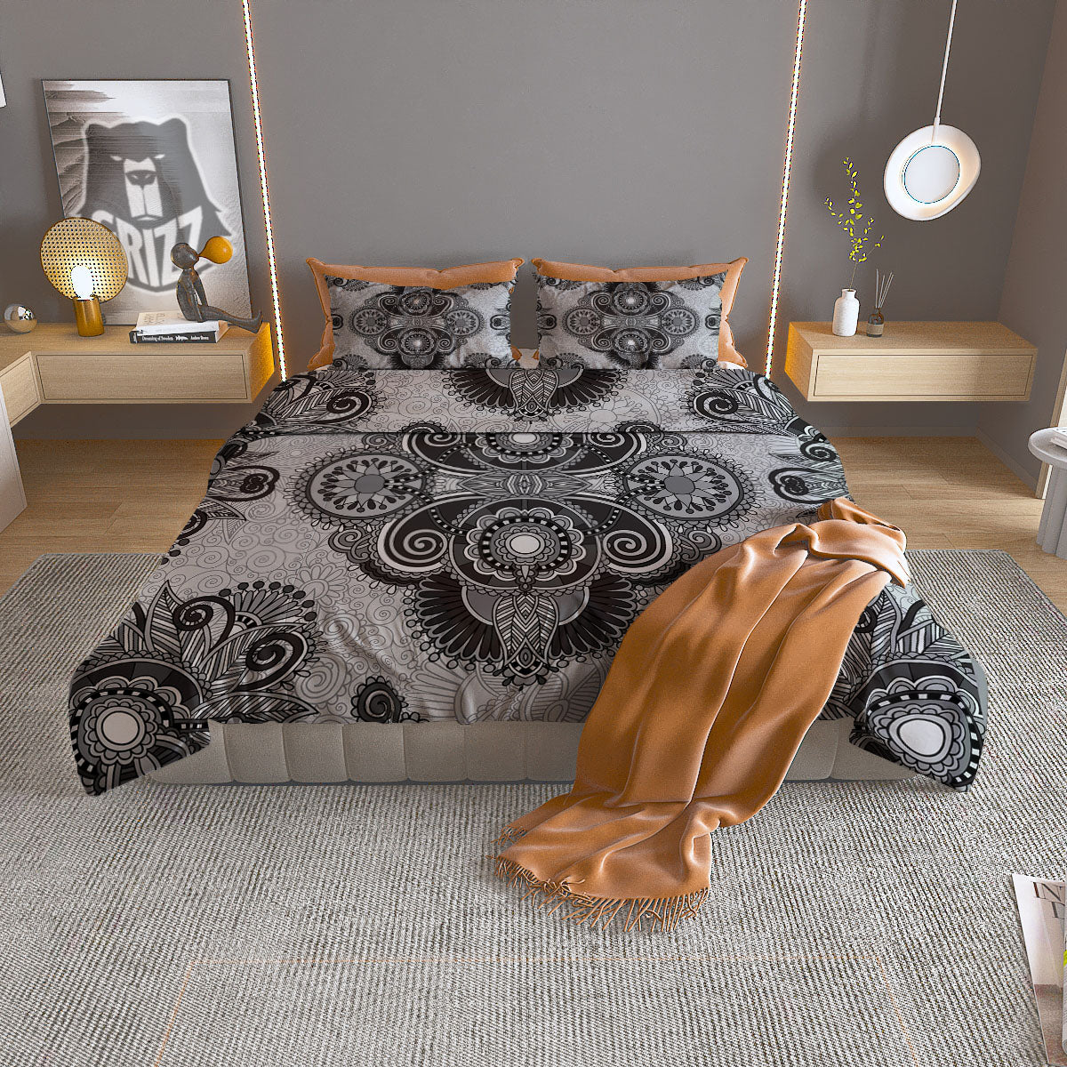 Western Floral Grey And Black Print Duvet Cover Bedding Set