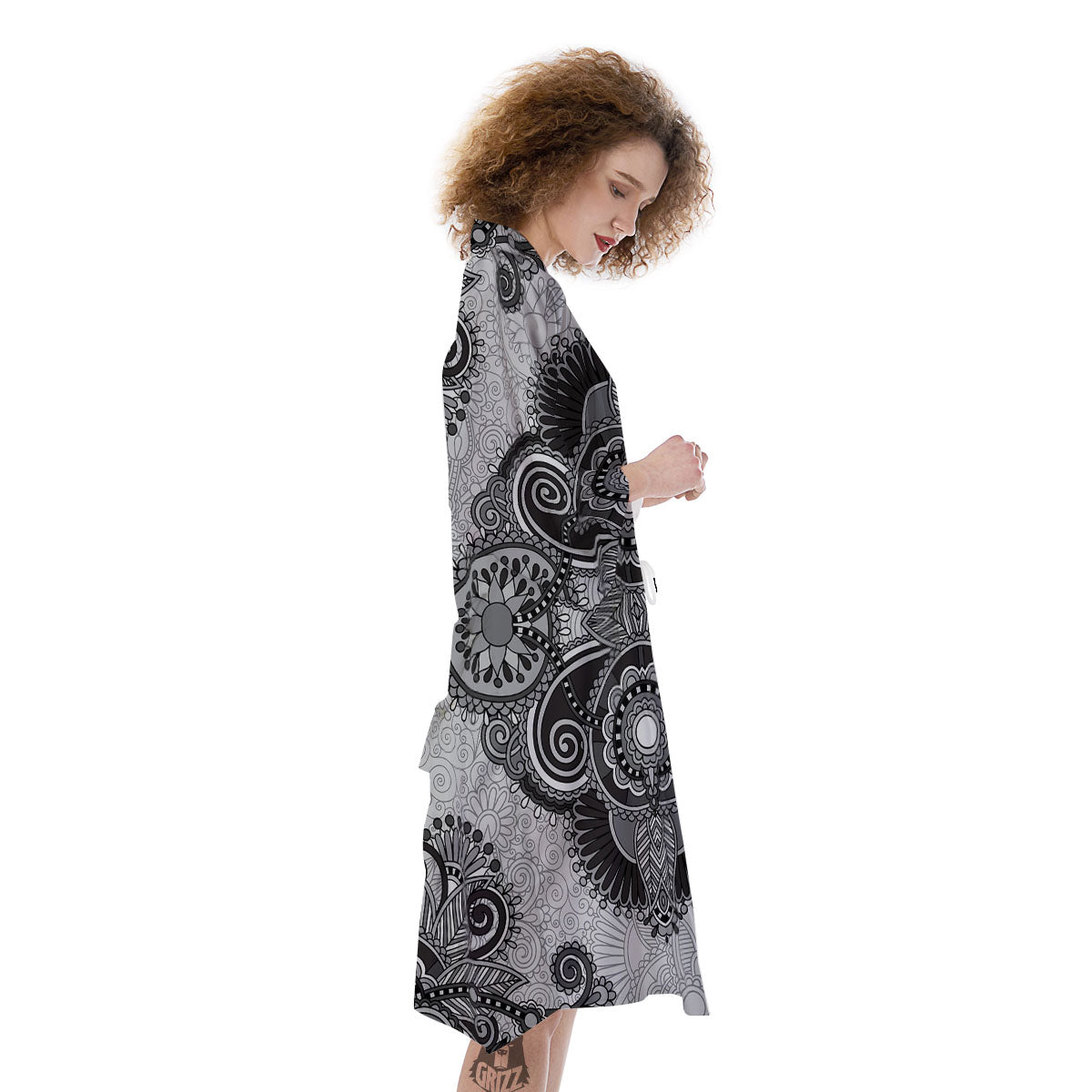 Western Floral Grey And Black Print Kimono-grizzshop