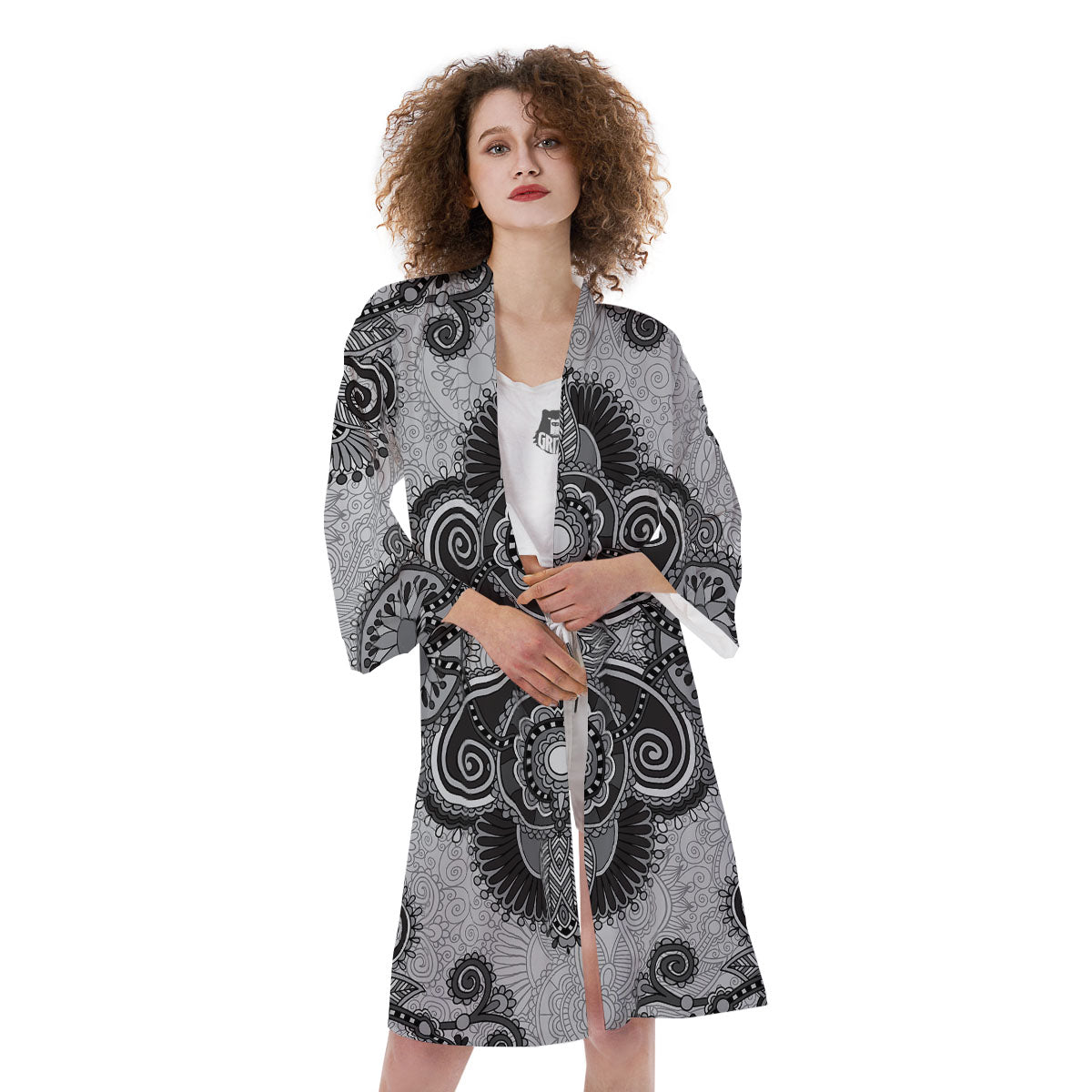 Western Floral Grey And Black Print Kimono-grizzshop