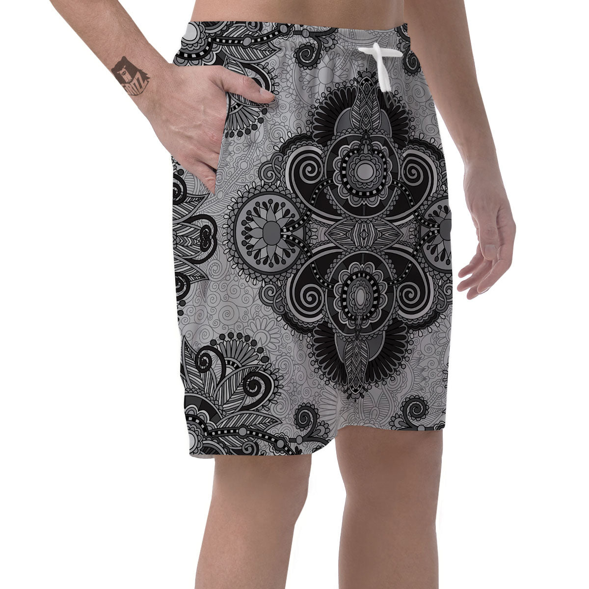 Western Floral Grey And Black Print Men's Shorts-grizzshop