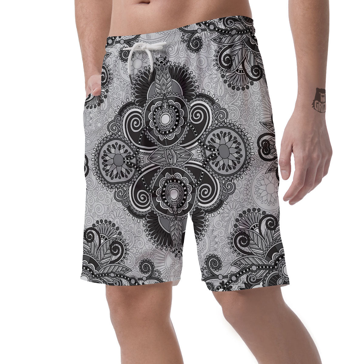 Western Floral Grey And Black Print Men's Shorts-grizzshop