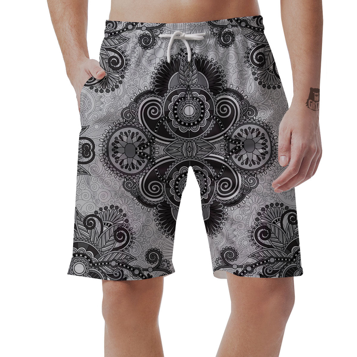 Western Floral Grey And Black Print Men's Shorts-grizzshop