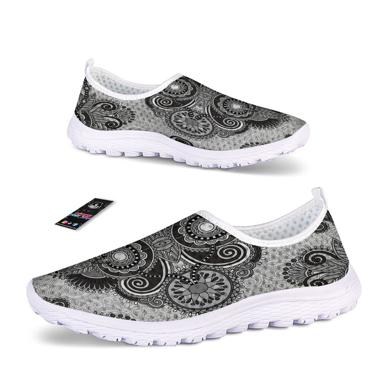 Western Floral Grey And Black Print Nurse Shoes-grizzshop