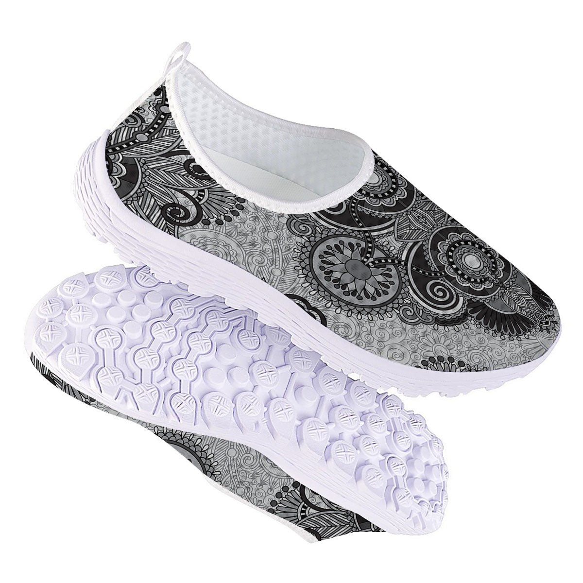 Western Floral Grey And Black Print Nurse Shoes-grizzshop