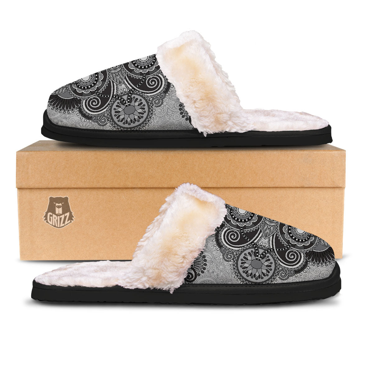 Western Floral Grey And Black Print Slippers-grizzshop